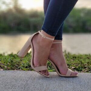 Beige Suede Ankle Strap Block Heel Dress Sandals